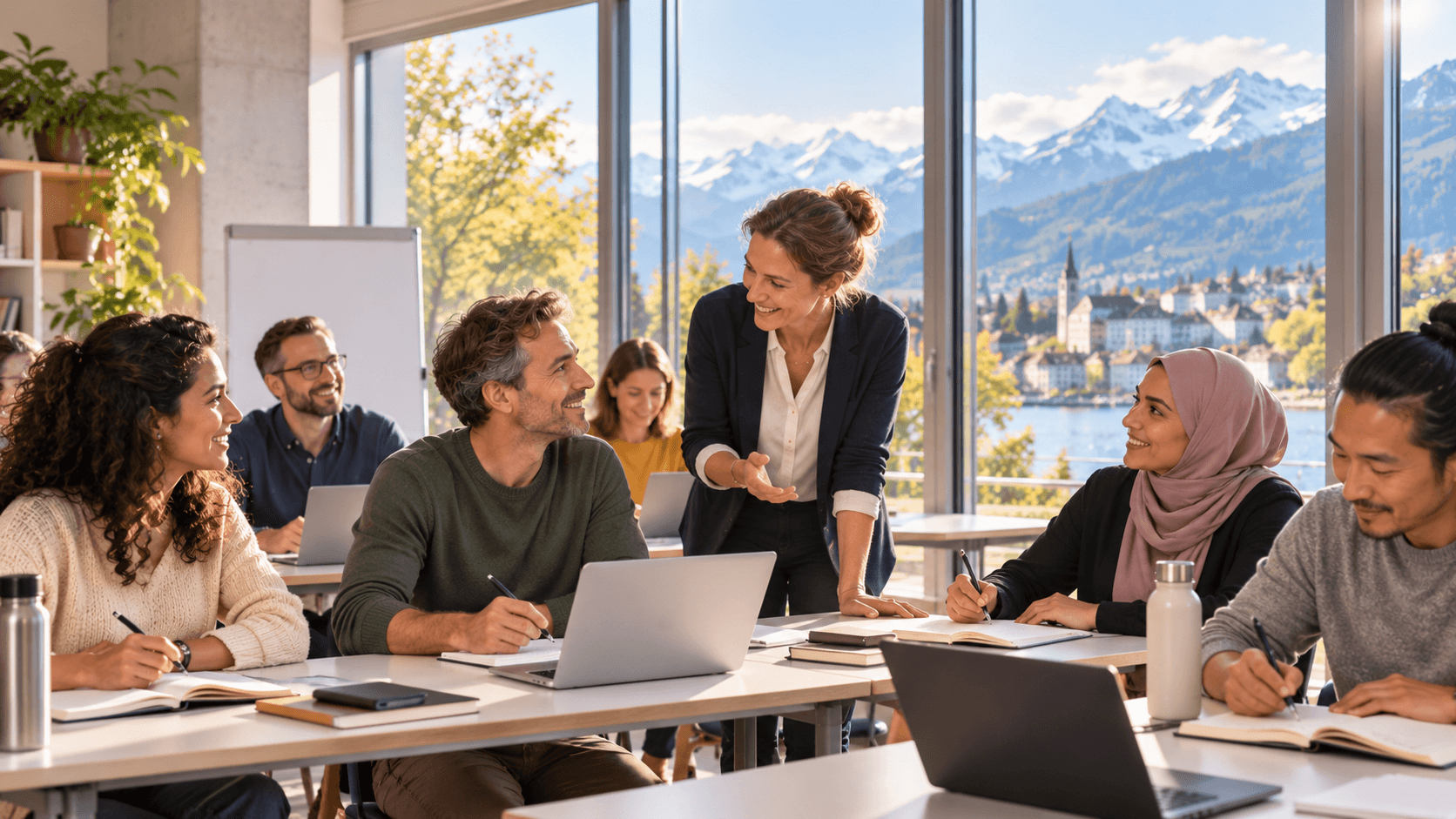 Erwachsene lernen gemeinsam in einem Kurs in der Schweiz
