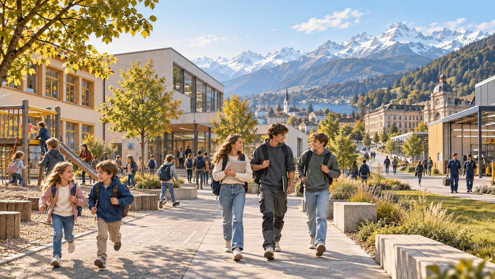 Schülerinnen und Schüler unterschiedlichen Alters auf einem Schweizer Schulgelände vor den Alpen