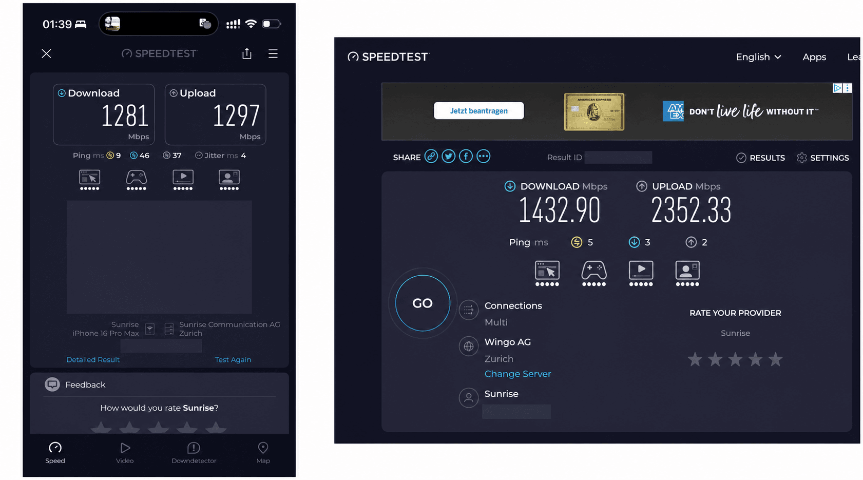 Два результата Speedtest для Galaxus Internet 10 Gbit/s: 1281/1297 Мбит/с и 1432,90/2352,33 Мбит/с; IP-адрес и идентификаторы тестов скрыты.