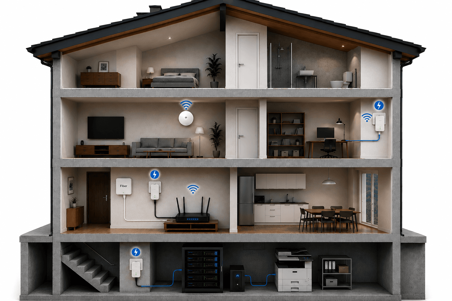 Heim-WLAN: Glasfaser, Router, Mesh-Punkt und Powerline-Adapter im Haus