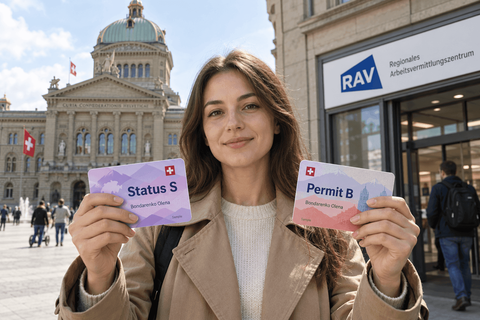 Жінка з картками Status S та Permit B біля парламенту і RAV